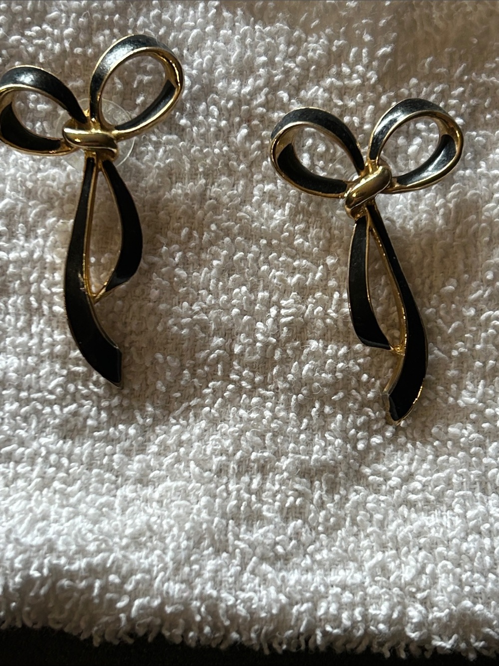 Gold-Tone Black Enamel Bow Drop Earrings - Unbranded